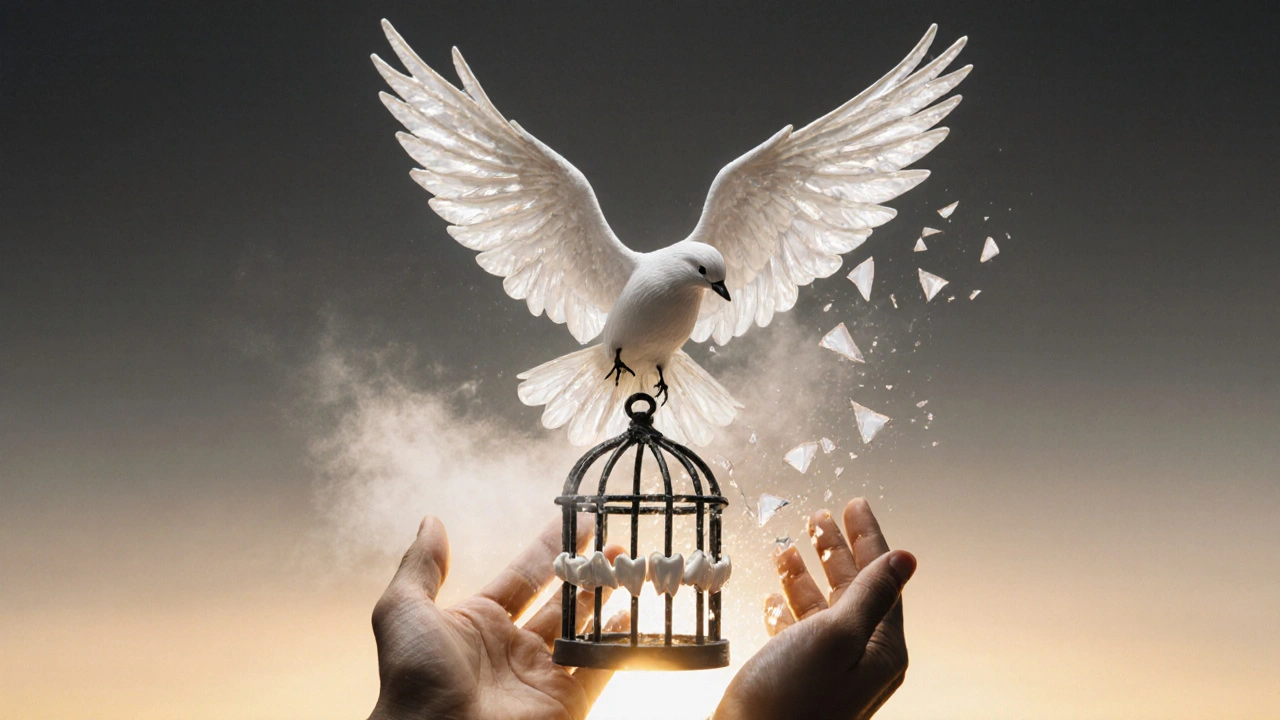 Pták s křídly z bílých zubních fazet vylétá z klece tvořené poškozenými zuby.