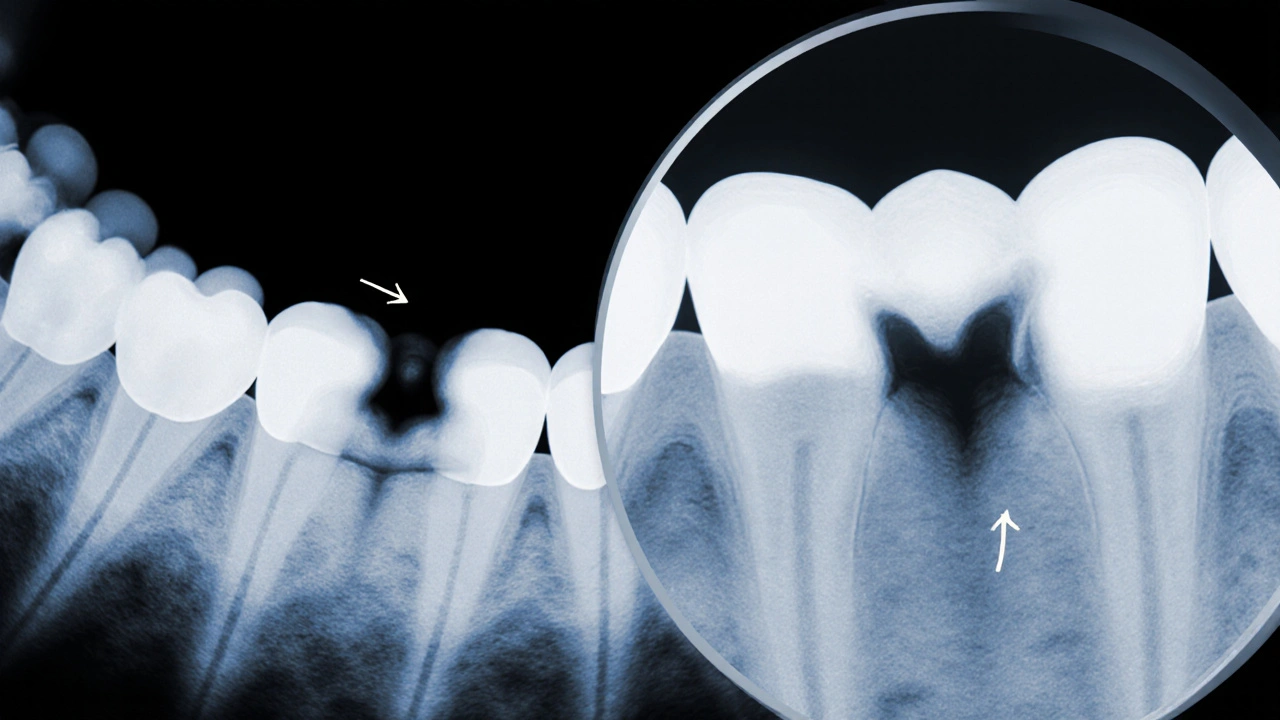 Rentgenový snímek ukazuje kaz mezi zuby jako tmavou oblast ve sklovině.