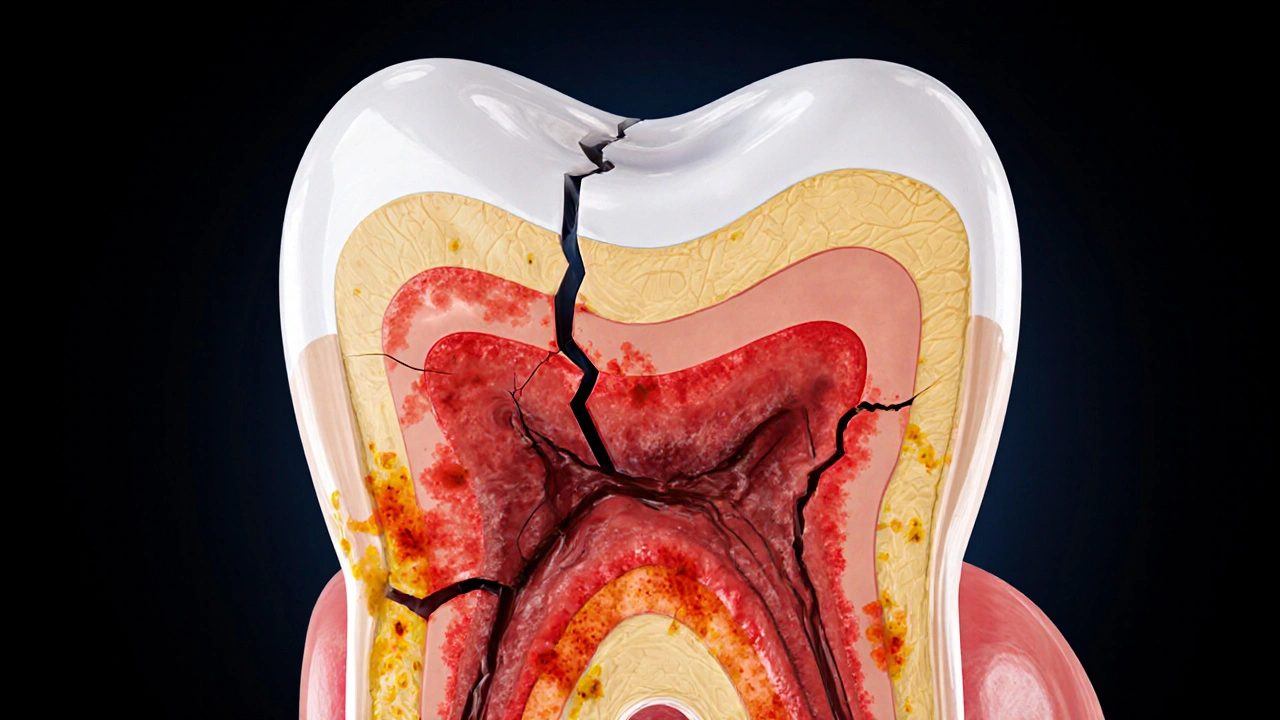 Řez zubu s infekcí šířící se do kosti a dásně.
