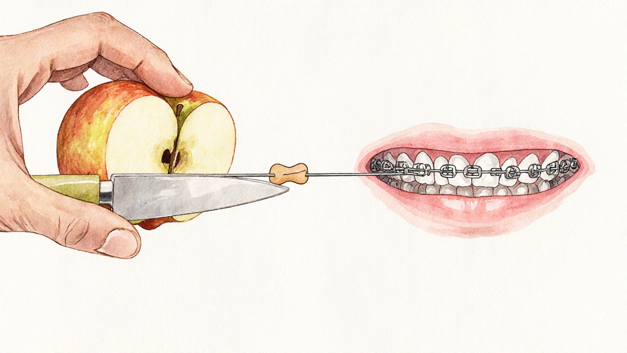 Ruka řeže jablko na tenké plátky vedle rovnátek s voskem.