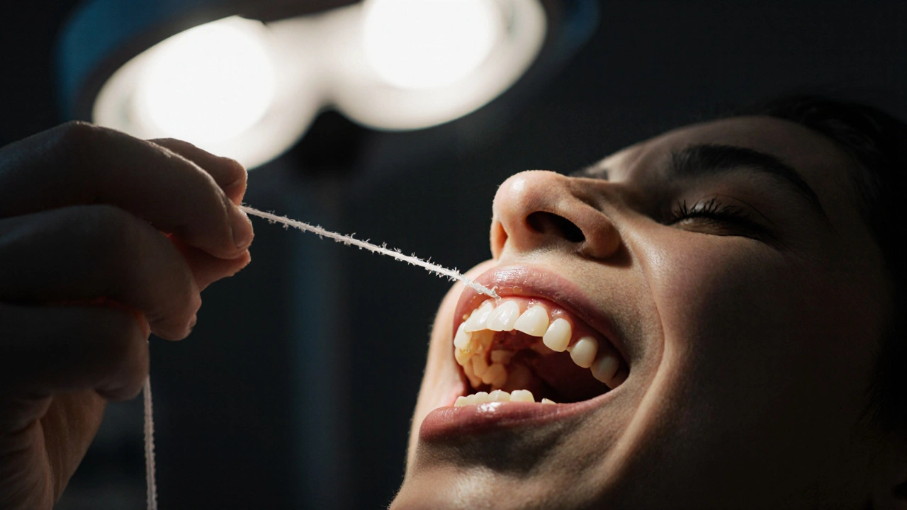 Ruka s nití čistící mezizubní prostor v dentální klinice.