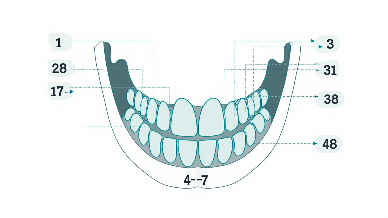 Schéma čelisti s rozdělením na čtyři části a číslováním zubů podle systému FDI.