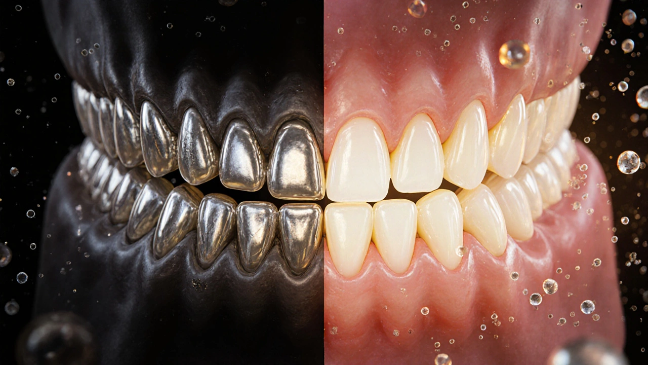 Side-by-side comparison of old metal dental bridge and modern ceramic crown with natural gums.