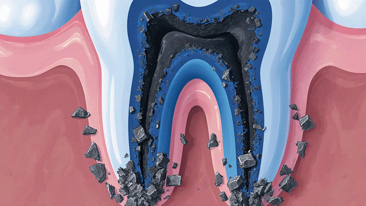 Skrytý zubní kámen pod dásní ničí kost kolem kořene zubu.