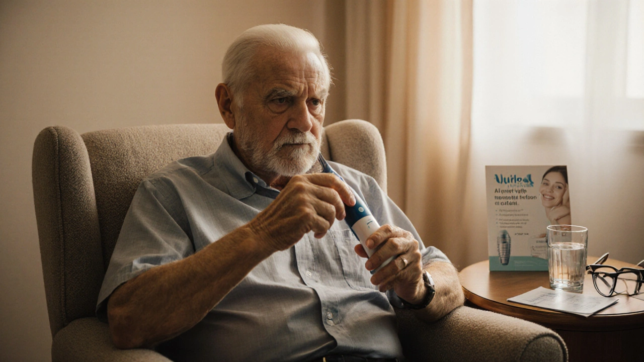 Starší muž klidně čistí zuby ultrazvukovým čističem v pohodlném křesle večerním světle.