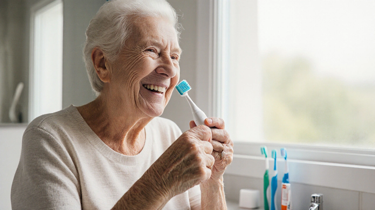 Starší osoba používá ultrazvukový čistič zubů s klidným výrazem a zdravými dásněmi.