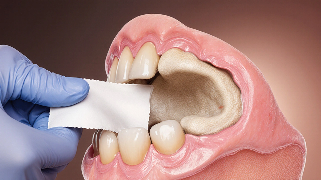 Stomatolog vkládá léčivou náplast do suchého ložiska po vyjmutí zubu.