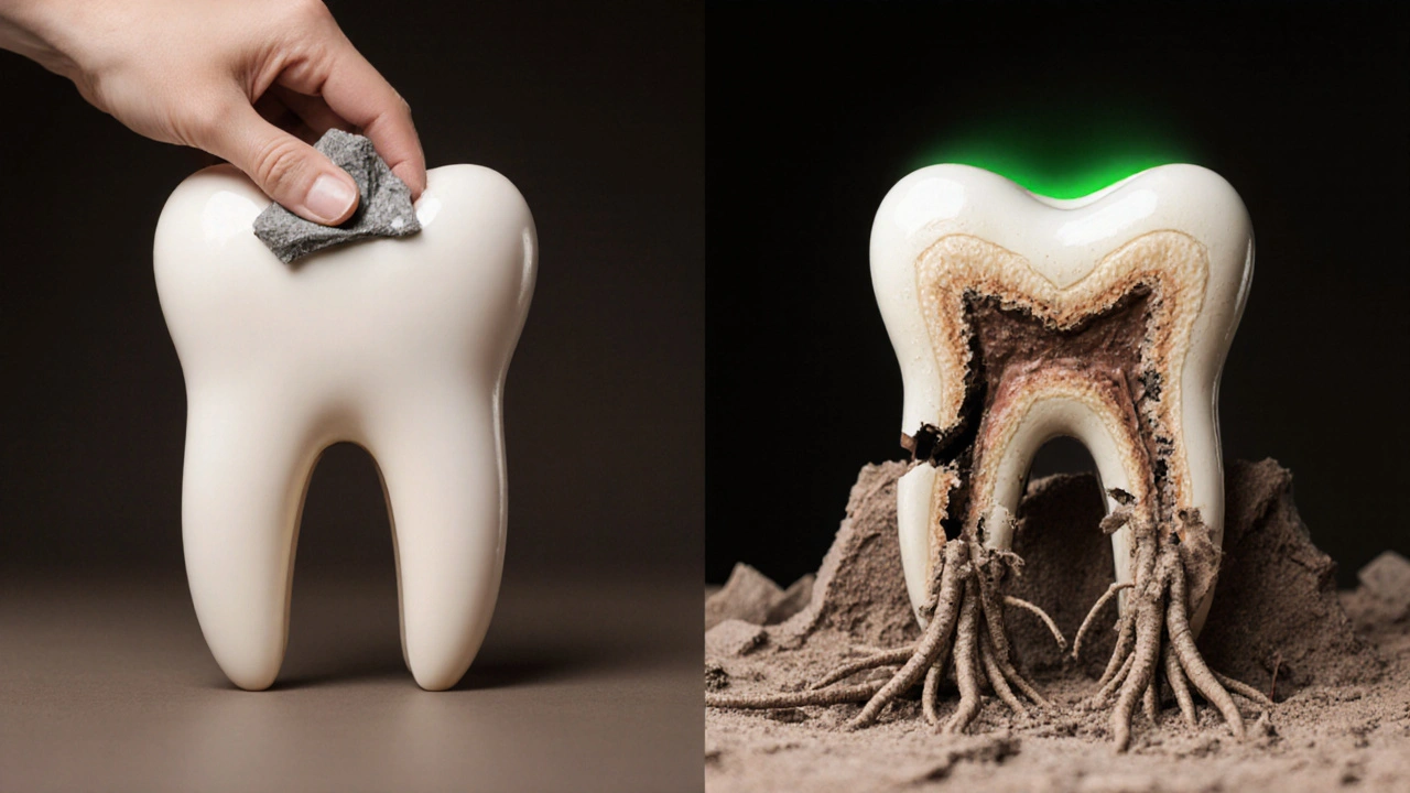 Symbolické srovnání raného broušení a pokročilého poškození zubu.