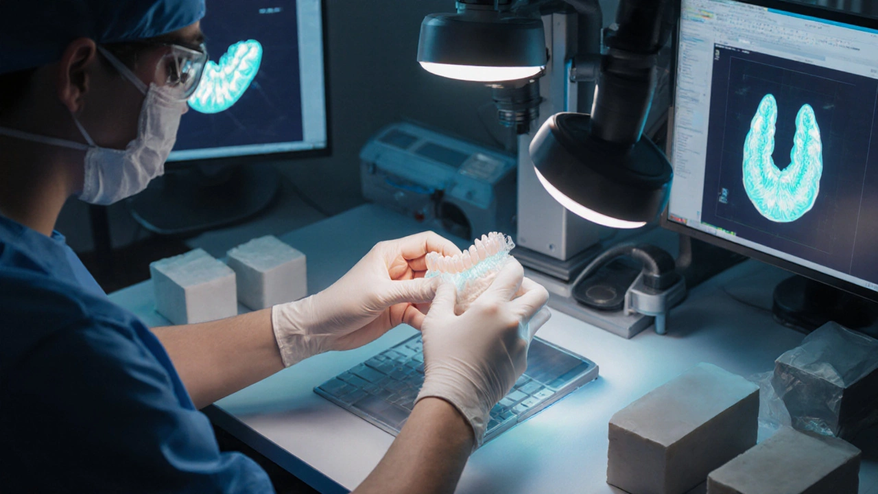 Technik v zubní laboratoři kontroluje vyrobenou keramickou korunku.