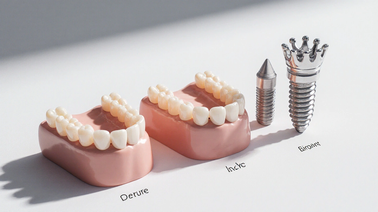 Tři druhy zubních náhrad: částečná protéza, most a implantát.