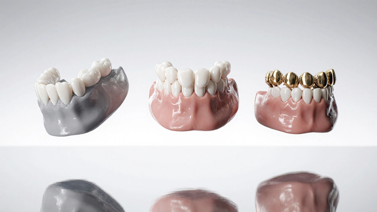 Tři typy náhrady předního zubu: fáze, korunka a implantát, zobrazené jako plavající prvky v zrcadle.