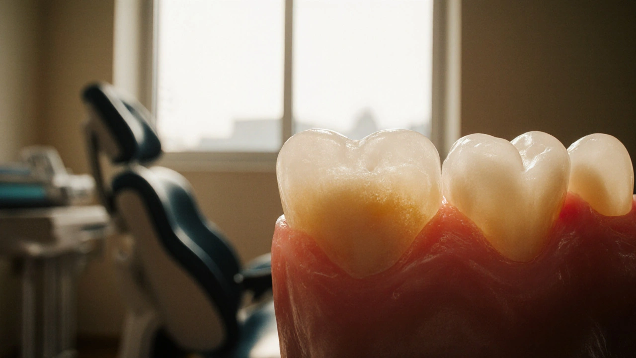 Uvolněné zuby v čelisti s viditelnou ztrátou kostní podpory.