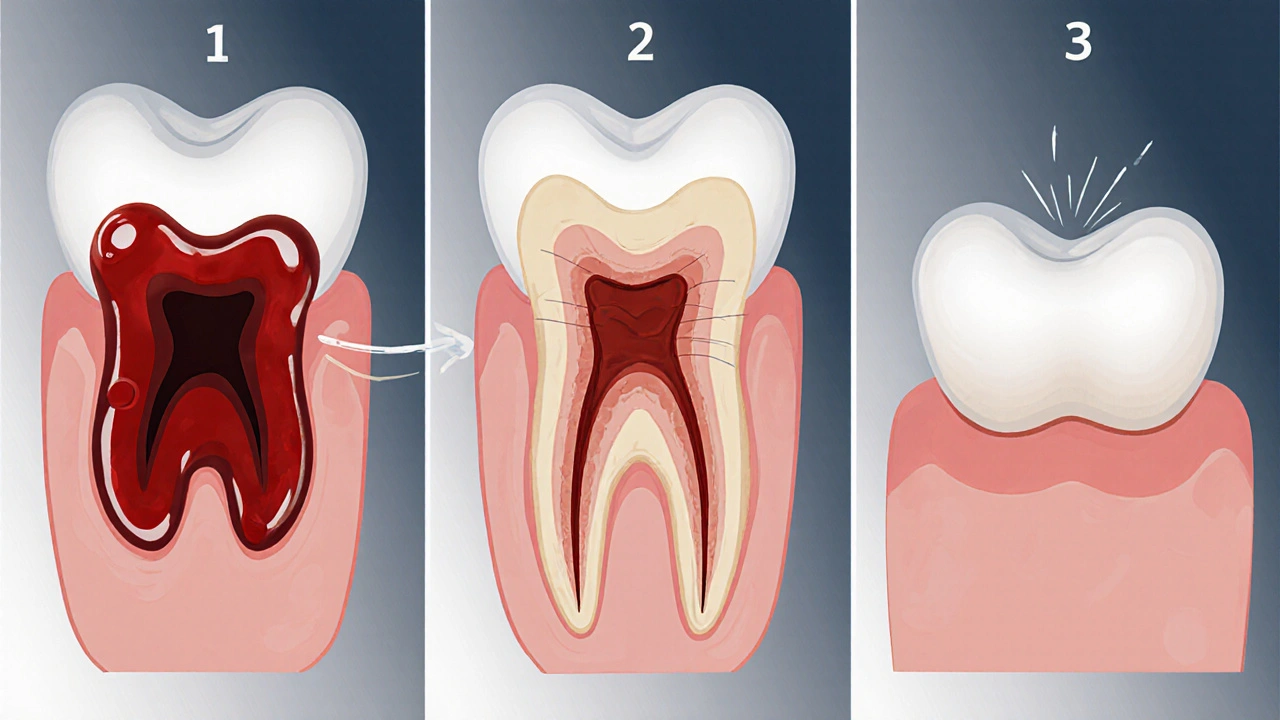 Vizualizace fází hojení po vyjmutí osmičky: krevní sraženina, suché ložisko, úplné hojení.