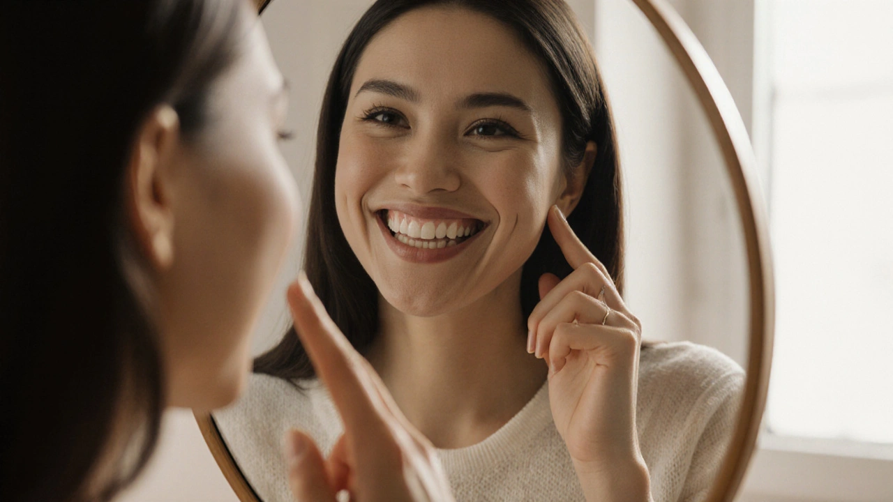 Žena se usmívá do zrcadla s přirozeně vypadající keramickou korunkou.