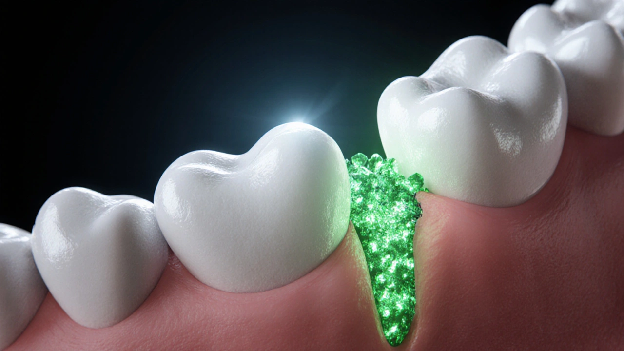 Zub v zvětšení s fluoridovými částicemi posilujícími sklovinu