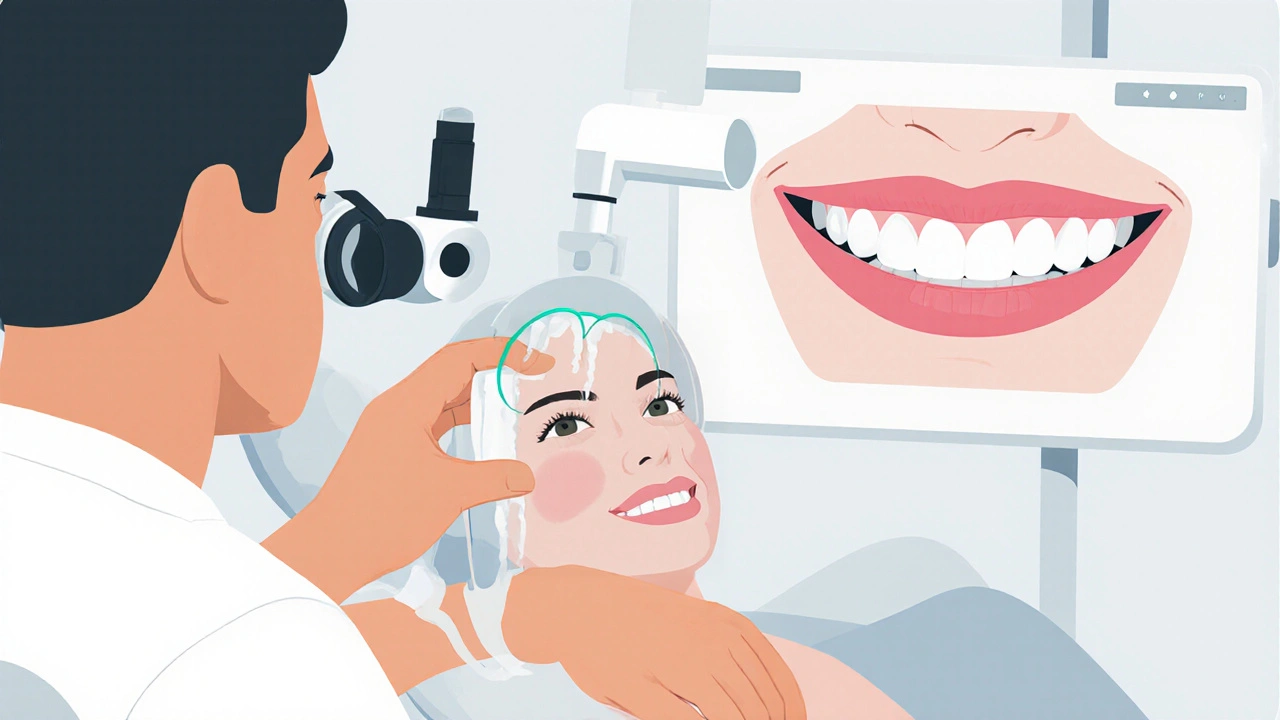 Zubní lékař připevňuje keramickou fazetu na přední zub s přesnými nástroji.