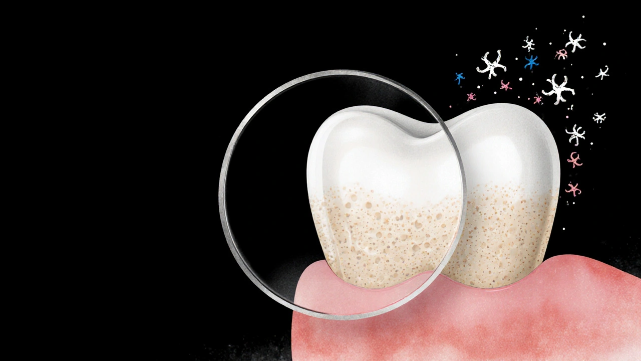 Zvětšený pohled na zubní sklovinu po bělení s vycházejícími radikály a změnou barvy.