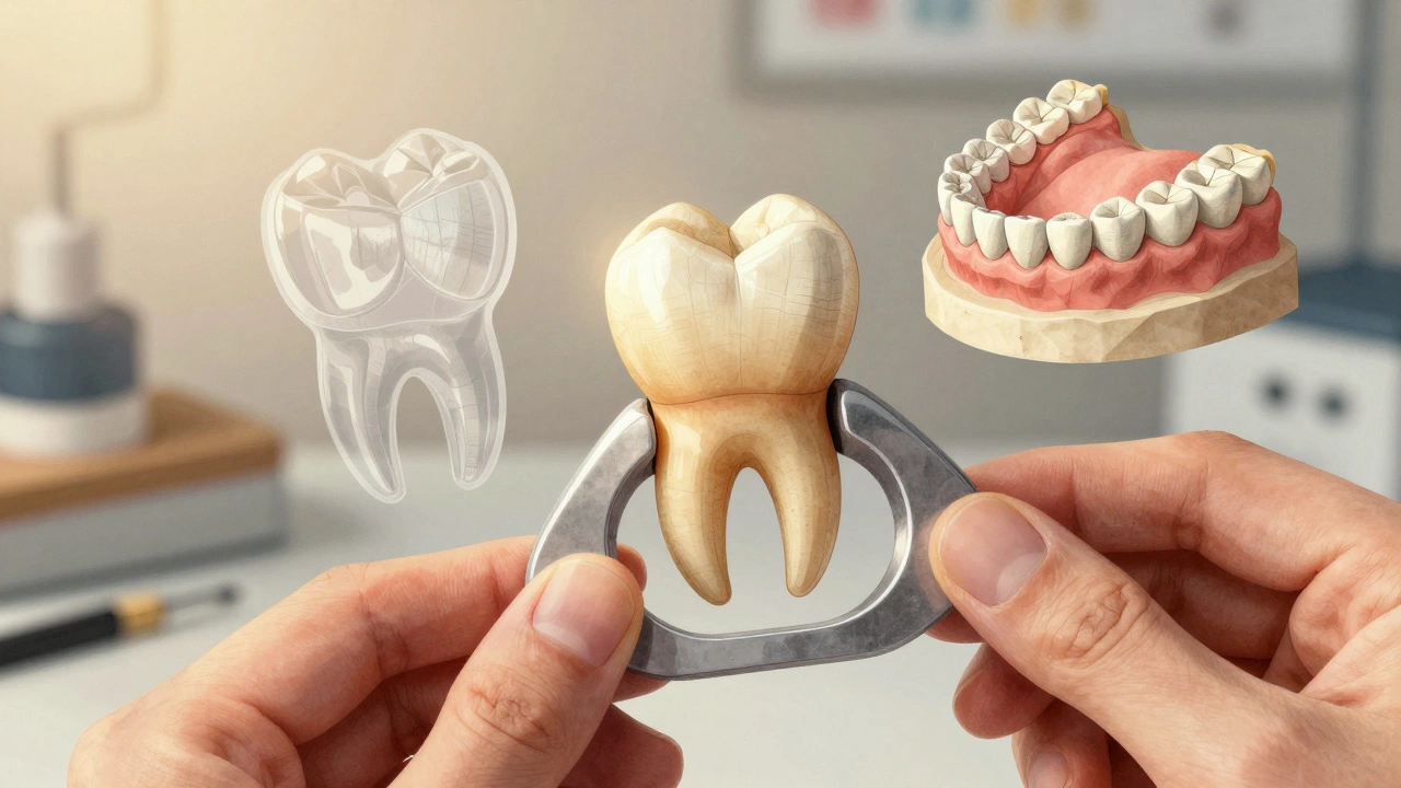 Artistic depiction of a tooth impression transforming into a restored tooth in a lab.