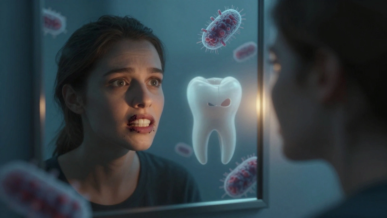 Člověk se dívá do zrcadla a vidí kámen na zubech, zatímco jeho tvář je obrácena stranou