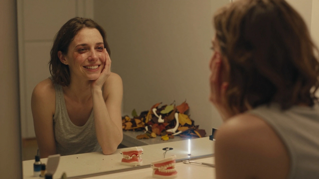 Člověk se dívá do zrcadla, kde jeho odraz má přirozený úsměv, zatímco skutečná tvář je unavená.