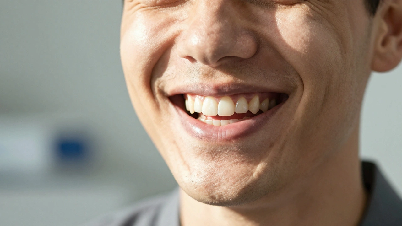 Člověk se směje, odhalující přirozeně vypadající zubní můstek bez viditelných švů.
