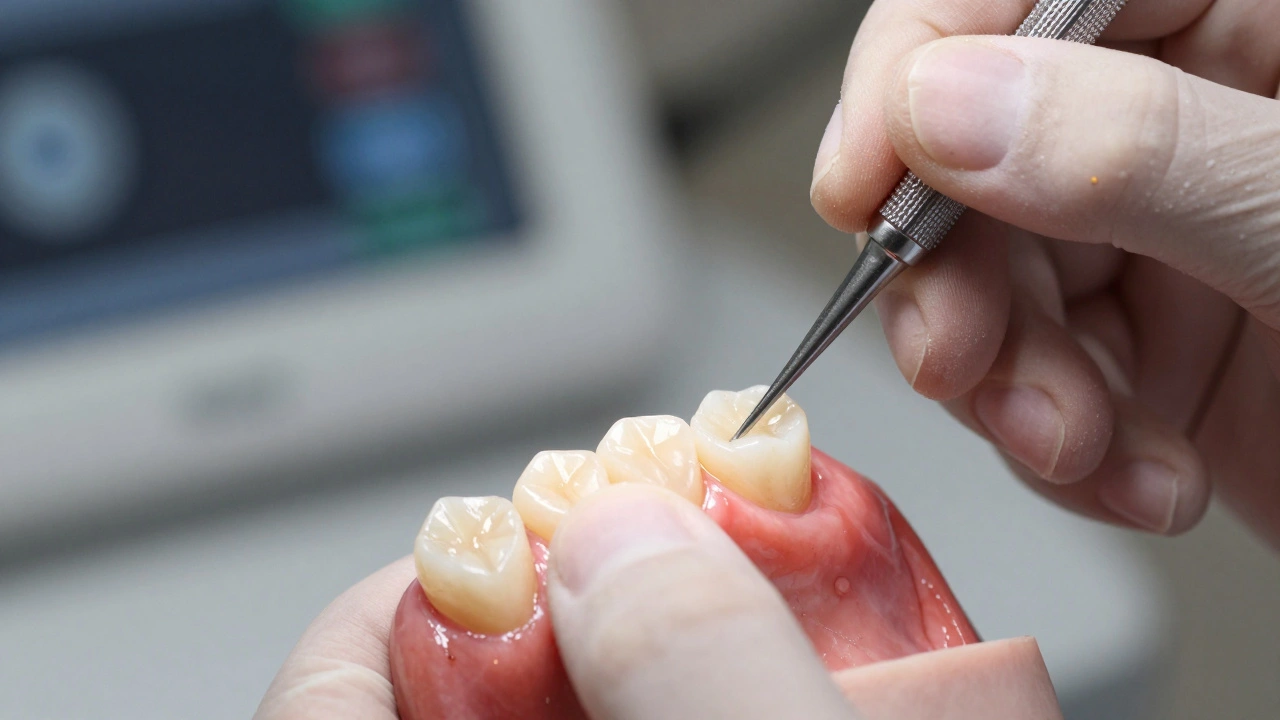 Dentista přilepuje tenkou keramickou fazetu na přední zub s přesnými nástroji.