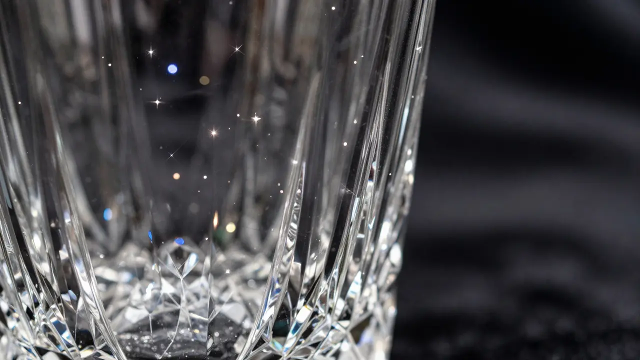 Detail fazetované hrany křišťálové vázy s jemnými odrazy světla