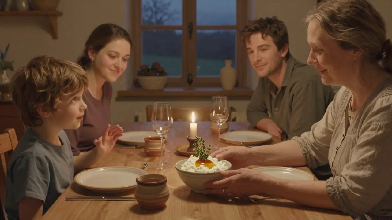 Děťátko zkouší domácí tvaroh s medem a tymiánem od babičky.