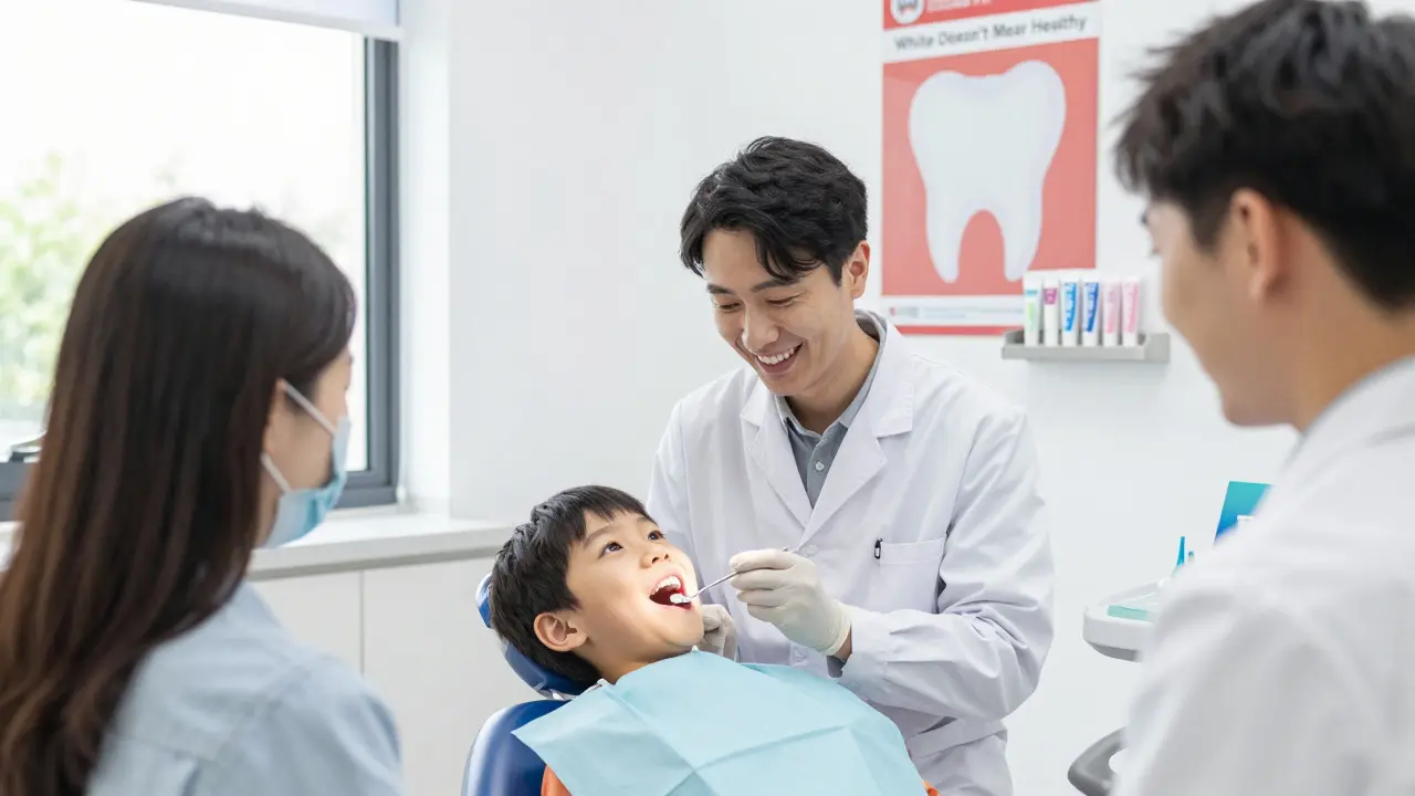 Dětský stomatolog vyšetřuje dítě v klinice, rodiče pozorují, žádná bělící pasta.