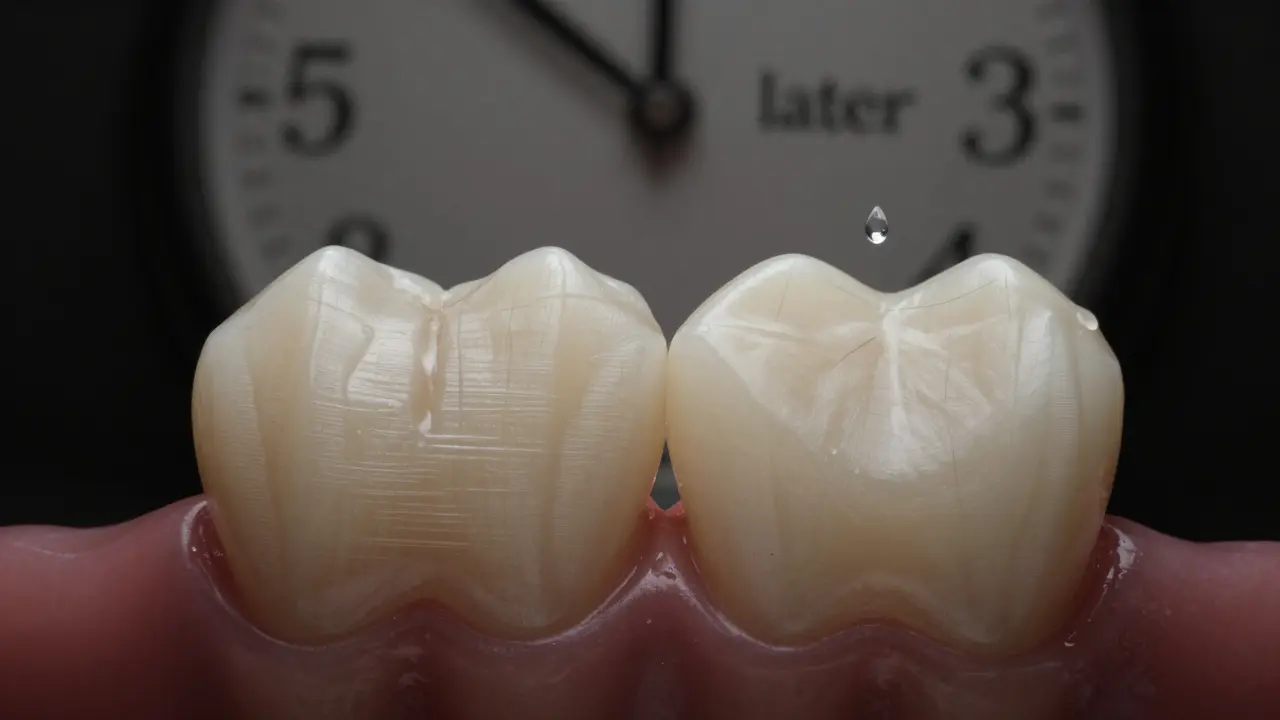 Dva zuby vedle sebe: přirozený a uměle vybroušený, s časovou ukázkou následků.