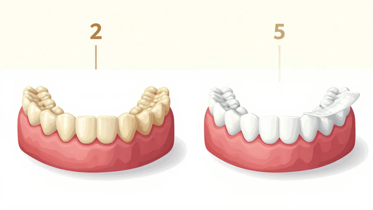 Dvě sady zubů: jedny tmavší, druhé světlejší po bělení.