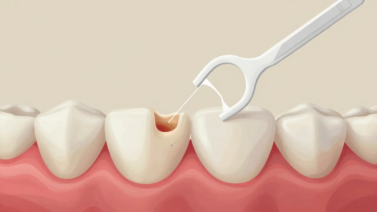 Jednorázová mezizubní nit je vkládána mezi zuby.
