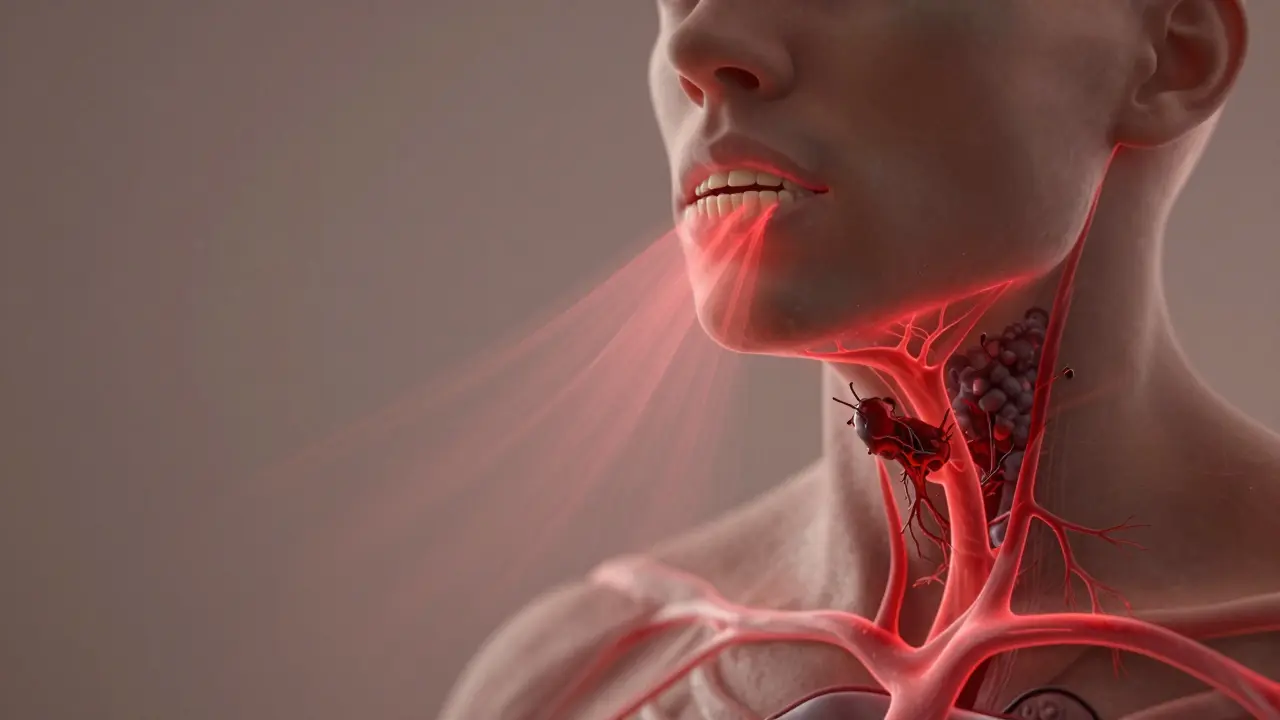 Koncepční obrázek zánětu způsobeného zubním kamenem šířícího se do těla.