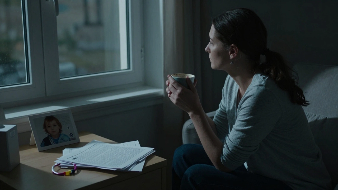 Matka v tiché místnosti večer, drží kávu, vedle ní lékařský náramek a papíry pojišťovny.
