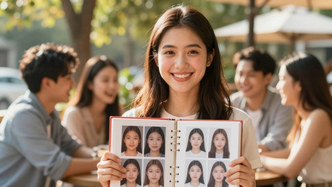 Mladá žena se směje na venkovní kavárně, ukazuje fotografie před a po operaci.