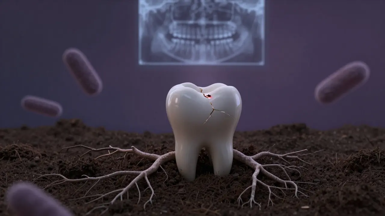Mrtvý zub se rozkládá v zemi, kořeny se šíří jako infekce do okolní kosti.