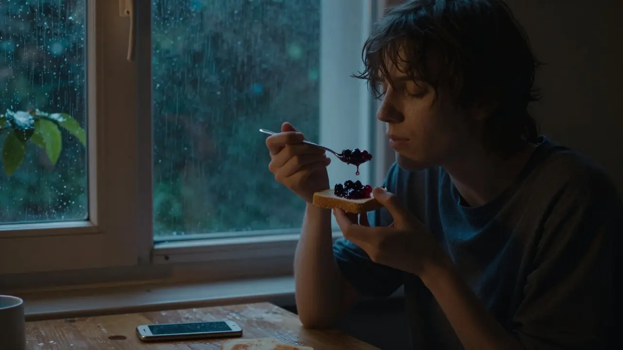 Osoba si chutná černý rybízový džem při dešti u otevřeného okna.
