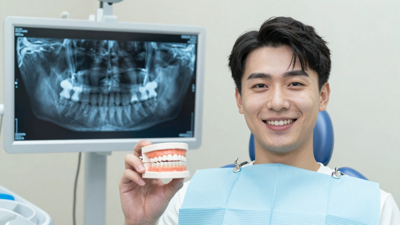 Pacient drží v ruce přizpůsobený zubní štít v ordinaci zubního lékaře.