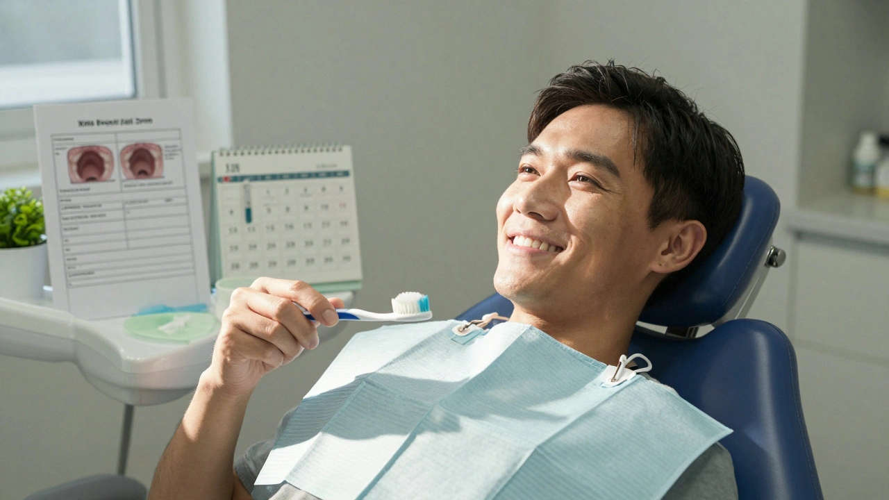 Pacient po úspěšné kyretáži se usmívá a drží zubní kartu s výsledky léčby.