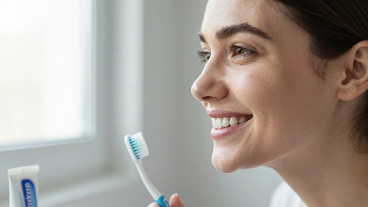 Person smiling in mirror with natural-looking ceramic veneers and morning light