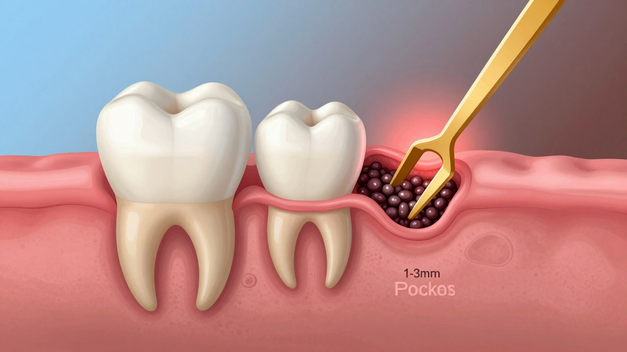 Porovnání zdravé a nemocné dásně s viditelnou ztrátou kosti a bakteriemi.