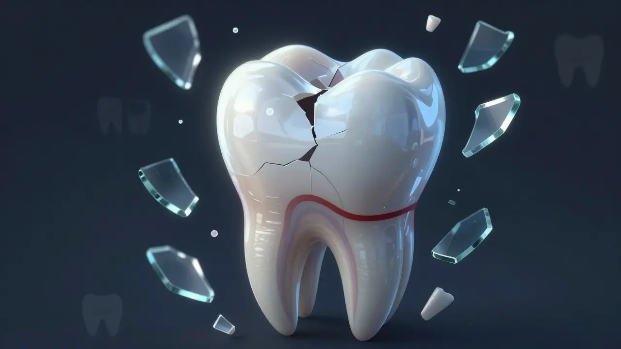 Poškozený zub s prasklinami a odhaleným důlem, symbolizující trvalé poškození skloviny.