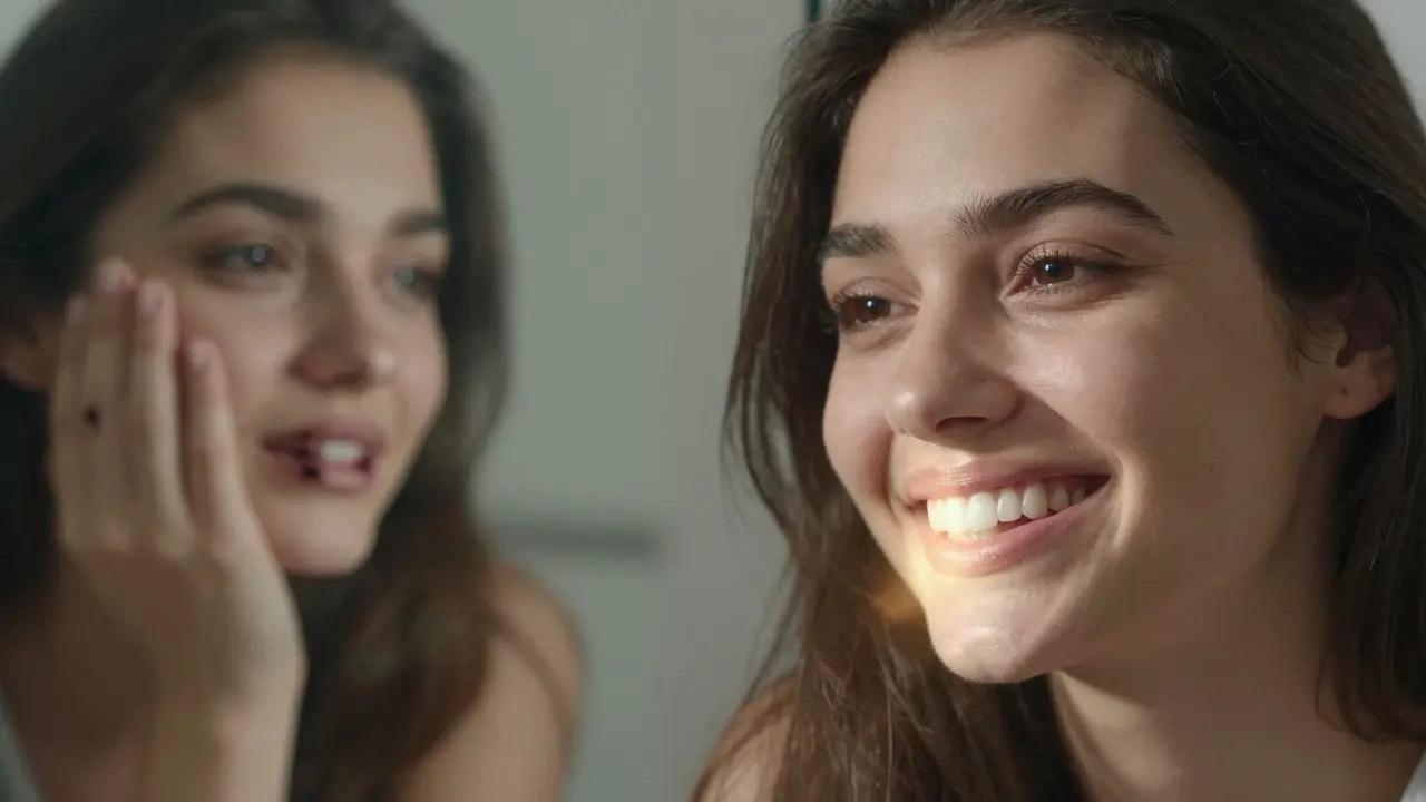 Před a po odstranění zubního kamene: unavený vs. energický výraz tváře.