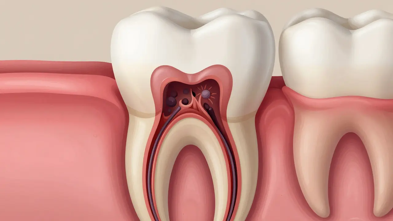 Příčný řez zubem s mrtvým pultem a bakteriemi, kontrastující s zdravým pultem.