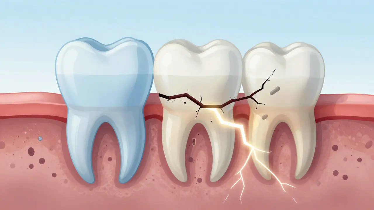 Příčný řez zubem s prasklinou šířící se od skloviny k nervu.