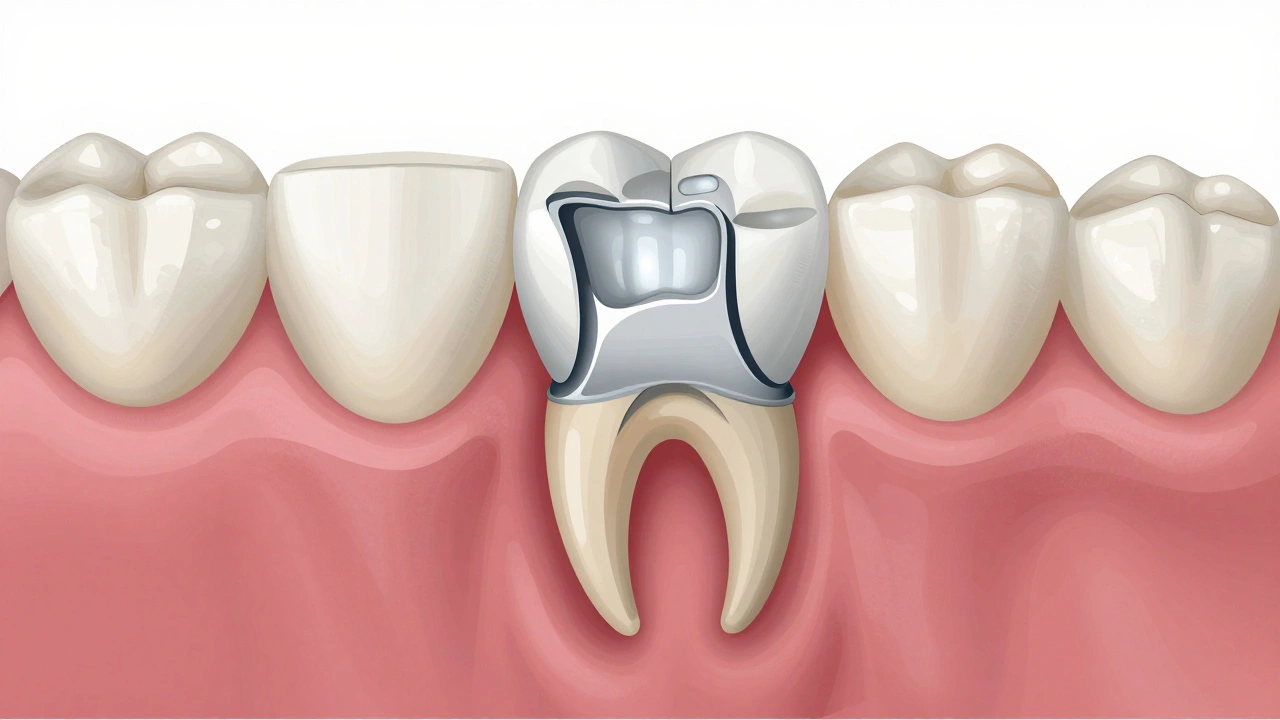 Průřez zubního můstku s ukázkou skryté zirkoniové struktury mezi přirozenými zuby.