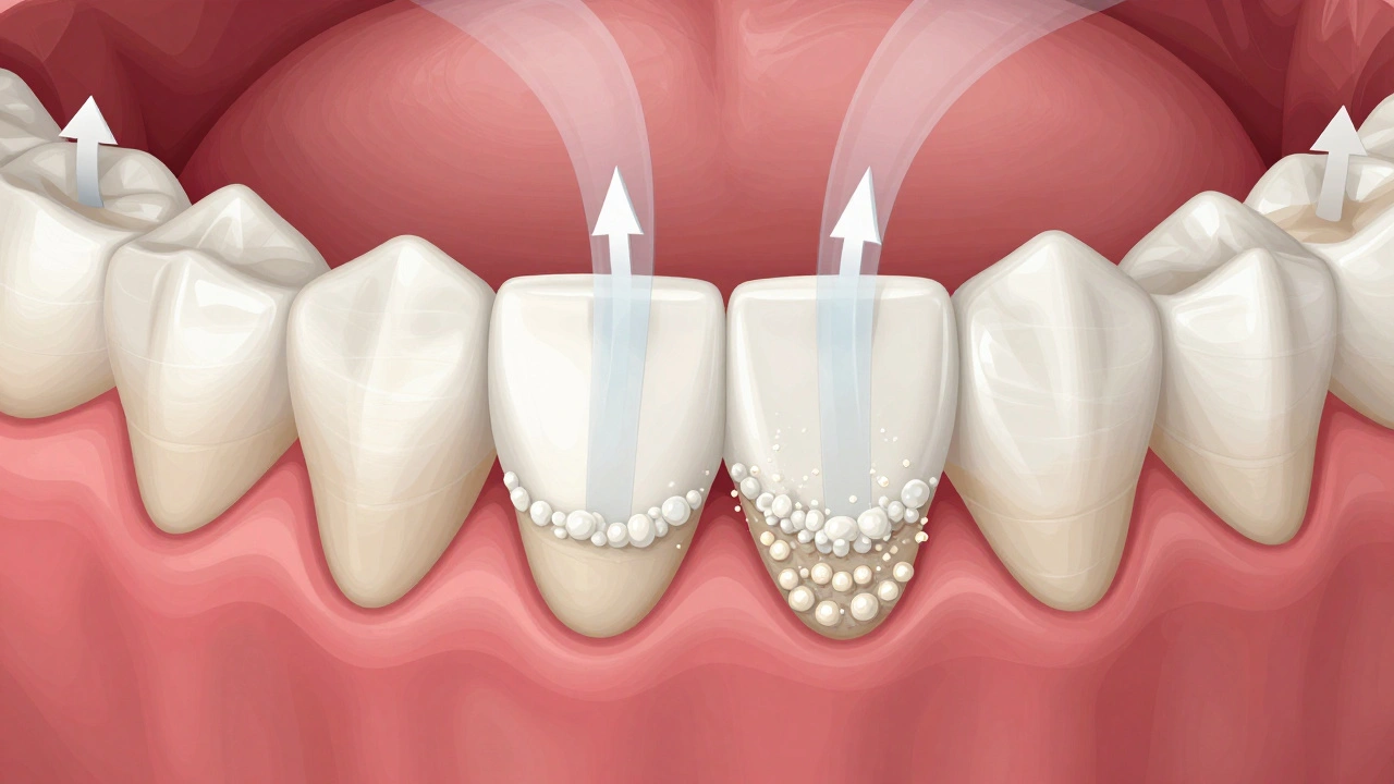 Průřez zubu s vrstvami plaku a kamenem vznikajícími z slin