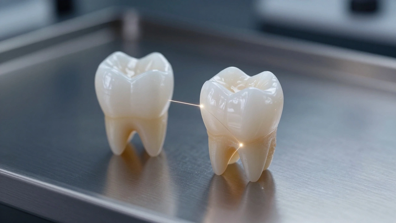 Restored tooth beside its original impression mold in a clinical setting.