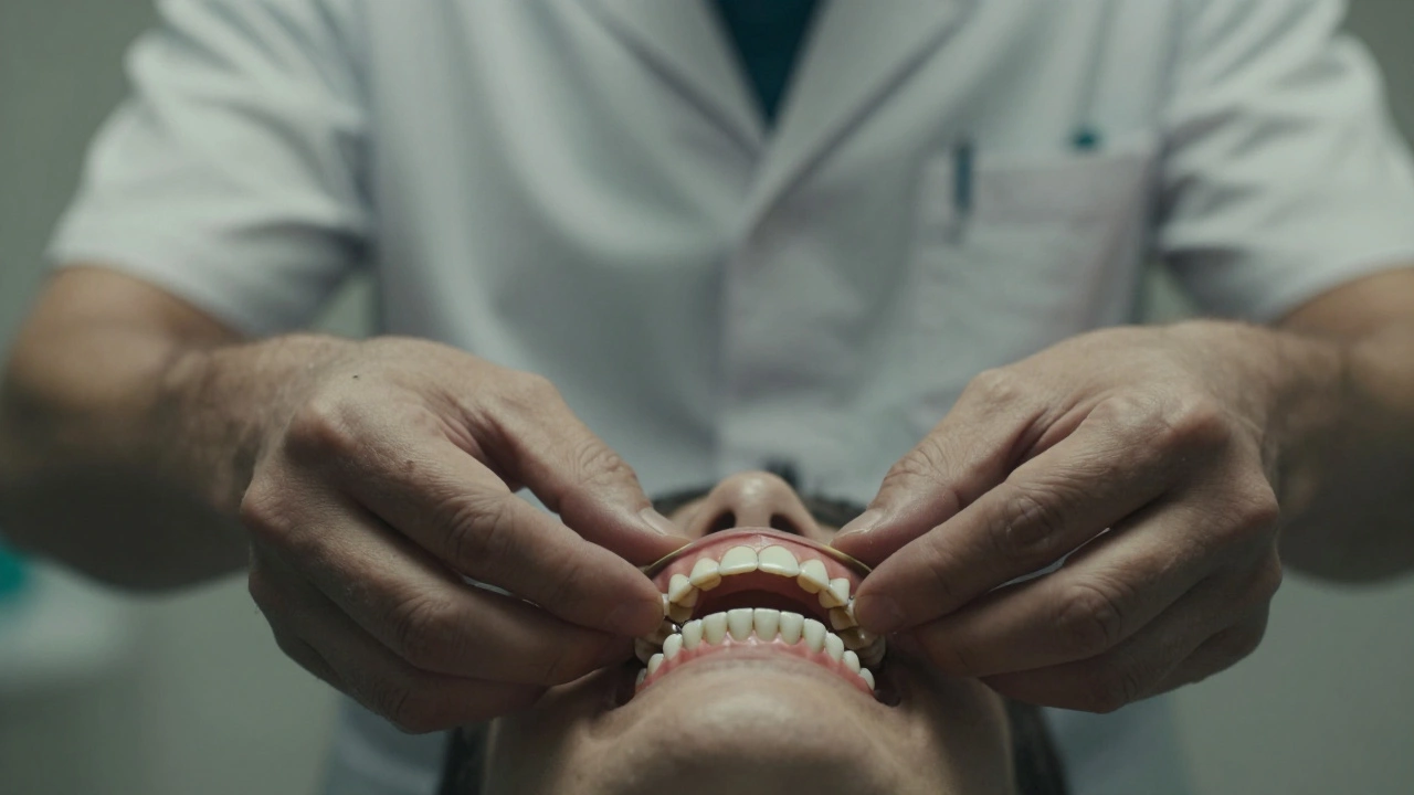 Ruce vkládají prasklé nalepovací zuby do úst, za nimi stín autority.