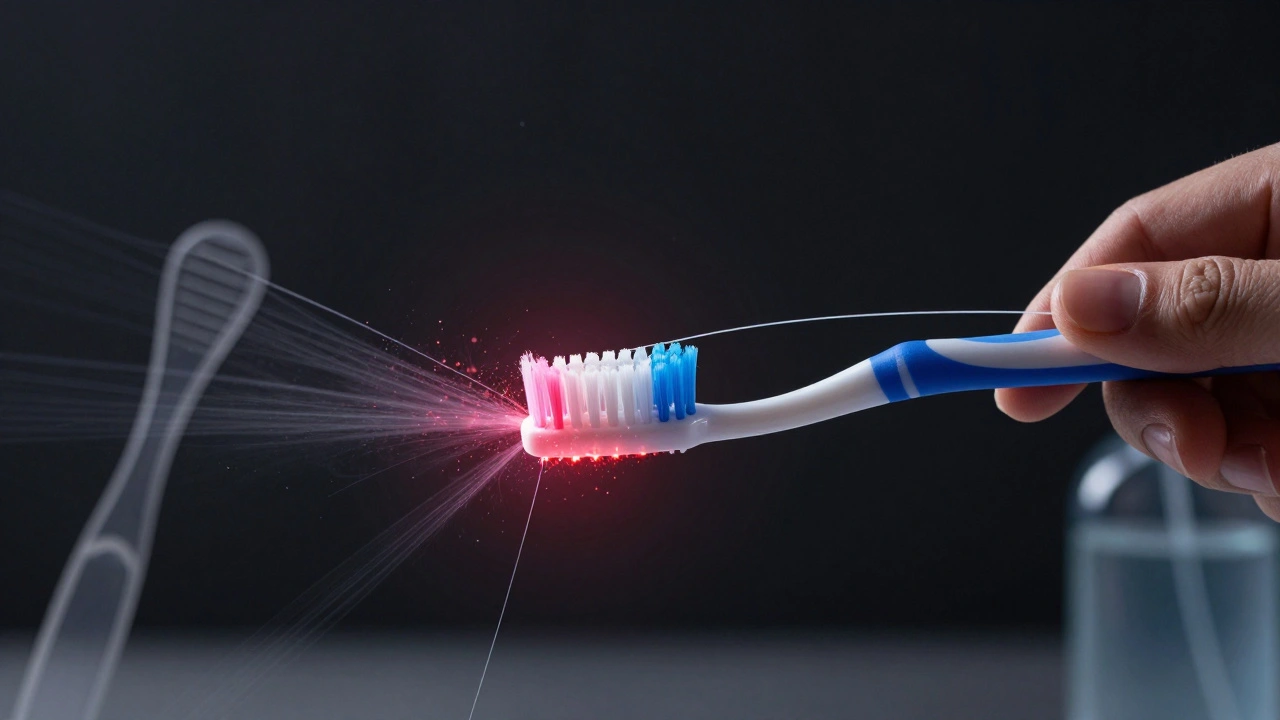 Ruka čistí zuby kartáčkem a nití, odstraňuje viditelné bakterie.